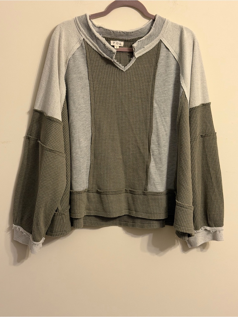 POL Olive and Grey Colorblock Waffle-Knit Pullover - Picture 3 of 4